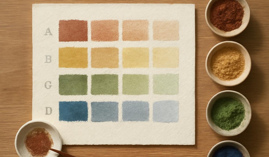 series of pigment swatches aged under sunlight with labelled test patches