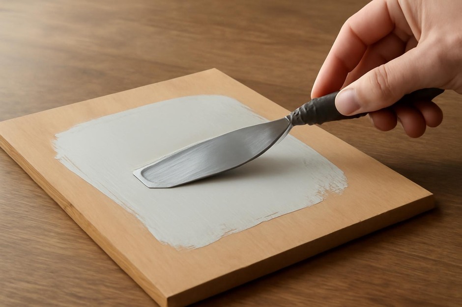 palette knife applying a thin layer of primer on a wooden panel