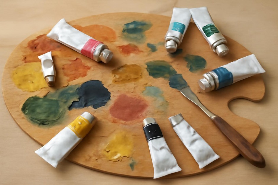 art palette with modern pigment tubes and mixed swatches
