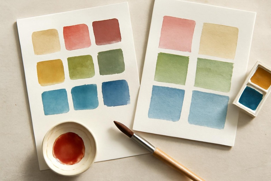 watercolour swatches showing layered glazes over white and neutral underlayers