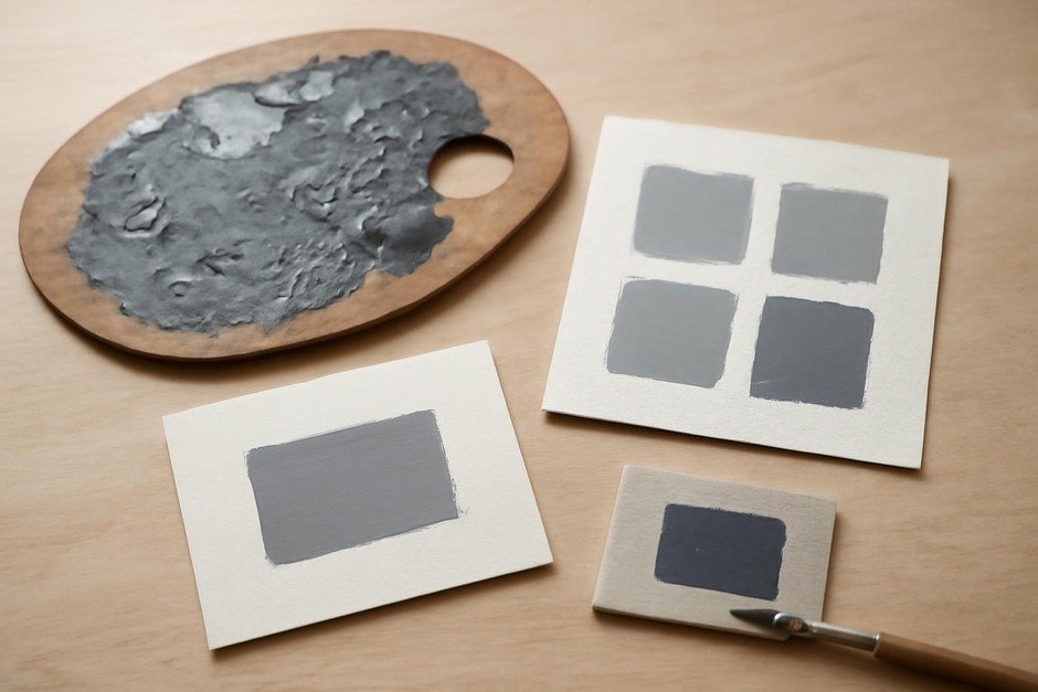 Palette with mixed greys and small swatches on paper and panel