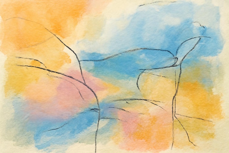mixed-media artwork combining ink lines, acrylic washes, and pastel marks