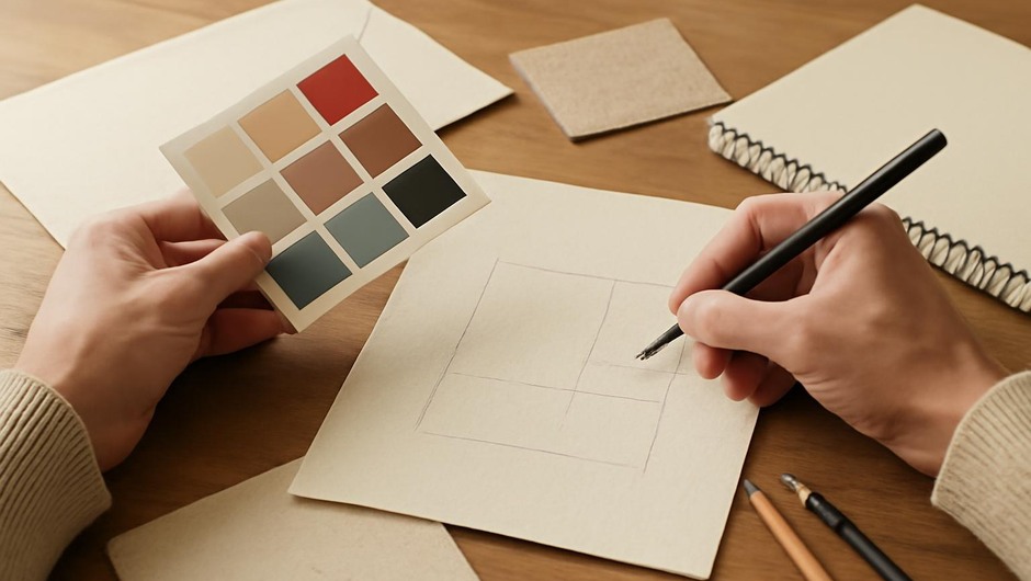 Bright studio image with paint textures, paper layers, and geometric color blocks.