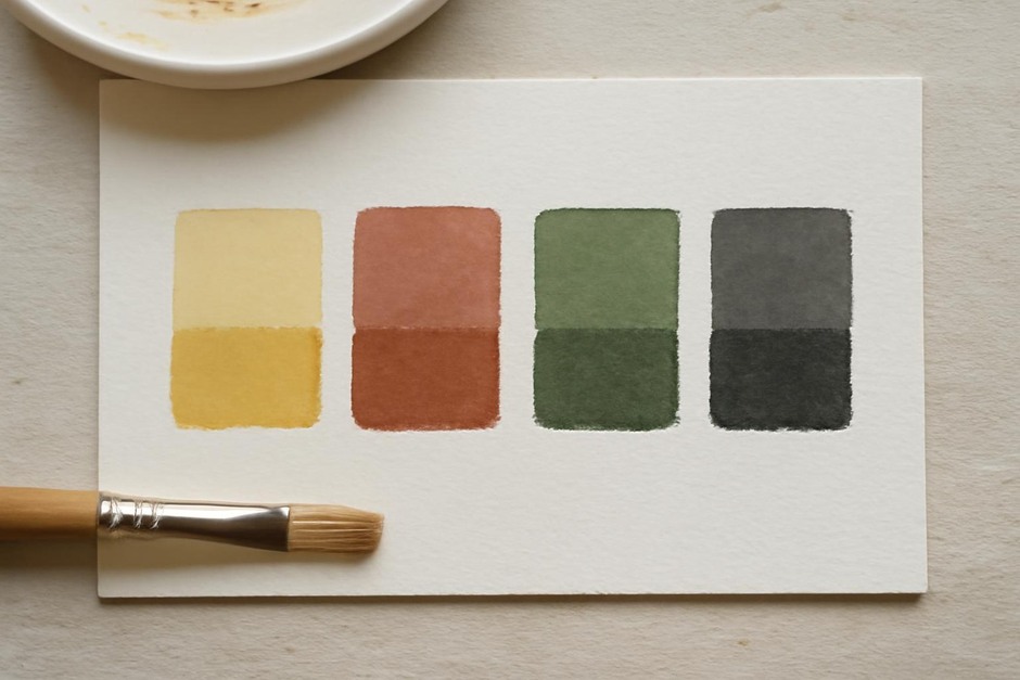 Four small swatches of paint showing value and chroma gradations on paper